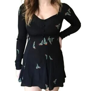 Reformation Black Midi Dress with Colorful Bird Design